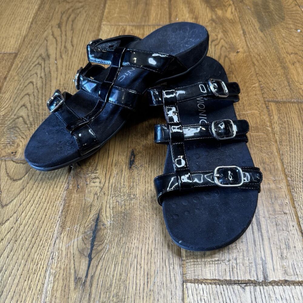 Vionic Misa Sandals US 8 Black Patent Leather 3 Strap Orthaheel Women’s Comfort - Picture 2 of 5